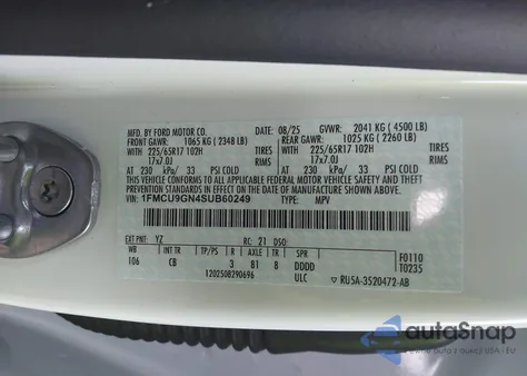 2025 Ford Escape Active z USA, uszkodzony, nr VIN 1FMCU9GN4SUB60249